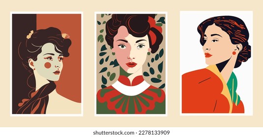 Conjunto vectorial de ilustraciones con hermosas mujeres en estilo retro. Estilo retro. cartel de impresión de arte mural