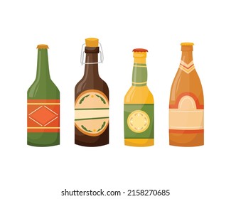 Vector set of illustrations of beer bottles. Alcoholic beverages.
