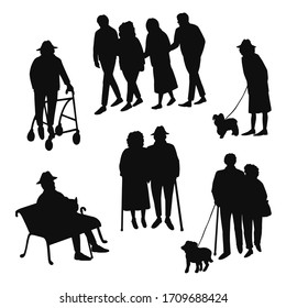 Vector set with illustrations of black silhouette old people walking