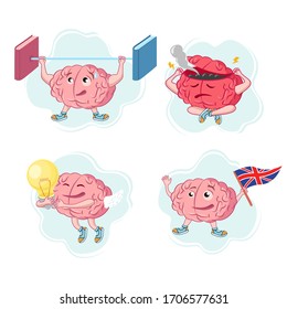 Vector set of illustrations of the brain in different poses and situations on a white background. The concept of a cartoon brain. Brain characters for the theme of education.