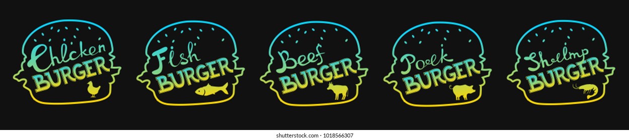 Vector set of illustrations of burgers of different tastes: chicken, fish, beef, pork, shrimps burgers .Hand lettering burger design concept
