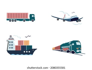 Conjunto vectorial de ilustraciones de un avión de carga, barco, camión y tren en un sencillo estilo plano sobre un fondo blanco para decorar volantes, postales o medios. Avión, barco, camión y tren. Logística