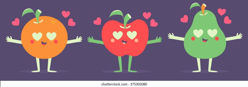 Vector set of illustrations of cartoon fruits with open arms and hearts in the eyes, next to floating hearts.