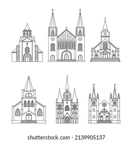 Vector set of illustrations of Catholic churches. Religious architectural building. Outline