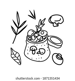 Vector set of illustrations with champignons,herbs,jar in doodle style.Collection with food black lines hand drawn.Clip art with mushrooms,rosemary,basil.Design for packaging,social network,web,menu.