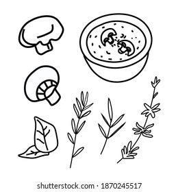 Vector set of illustrations with champignons,herbs,soup in doodle style.Collection with food black lines hand drawn.Clip art with mushrooms,rosemary,basil.Design for packaging,social network,web,menu.
