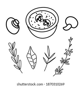 Vector set of illustrations with champignons,herbs,soup in doodle style.Collection with food black lines hand drawn.Clip art with mushrooms,rosemary,basil.Design for packaging,social network,web,menu.