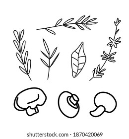 Vector set of illustrations with champignons,herbs,soup in doodle style.Collection with food black lines hand drawn.Clip art with mushrooms,rosemary,basil.Design for packaging,social network,web,menu.