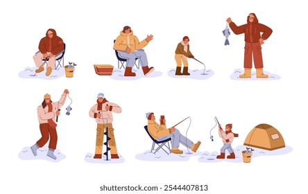 Vector conjunto de ilustraciones con personajes dedicados a la pesca en el hielo. Las escenas de invierno representan a pescadores aficionados en diferentes poses mientras capturan peces. Estilo plano de la historieta en el fondo aislado.