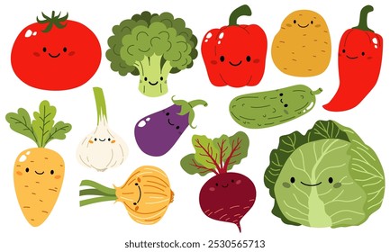 Conjunto vetorial de ilustrações no estilo infantil sobre fundo branco. Cenouras de repolho brócolis cebola alho tomate batata pimenta berinjela pepino beterraba com rostos bonitos 