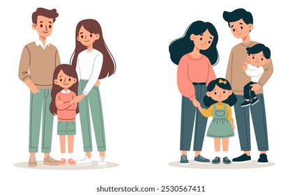 Conjunto vetorial de ilustrações no estilo infantil sobre fundo branco. Famílias bonitas, mãe pai filho e filha