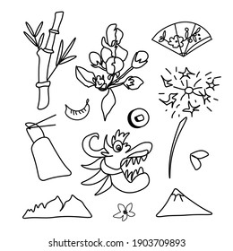 Vector set of illustrations for the Chinese New Year.Collection of images dragon,bamboo,fortune cookies,coin,hand with sticks,fan,fireworks,mountain,sakura.Designs for packaging,social media,posters.