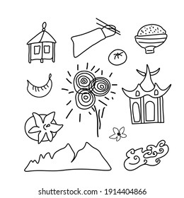 Conjunto de vectores de ilustraciones para el Año Nuevo Chino. Colección de imágenes arroz, nube, linterna, mano con palos, mandarina, persimón, pagoda, fuegos artificiales, montaña.Diseños para tarjetas, embalajes, afiches.