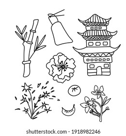 Vector set of illustrations for Chinese New Year.Collection of images dumplings,pagoda,bamboo,fireworks,mandarin,hand with sakura sticks.Designs for postcards,packaging,social media,posters.
