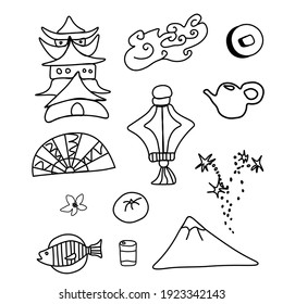Vector set of illustrations for Chinese New Year. Collection of images rice,cloud,lantern,coin,fish,mandarin,teapot,pagoda,fireworks,mountain,sakura.Designs for cards,packaging,social media,posters.
