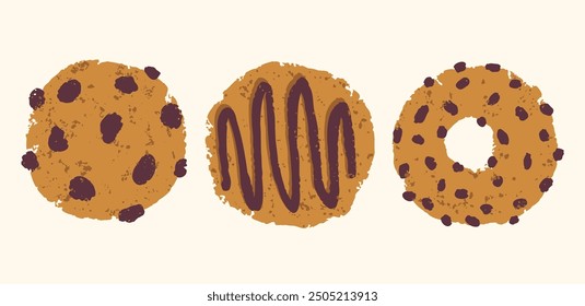 Vector set illustrations of chocolate cookies and donut in vintage style. American cookie.