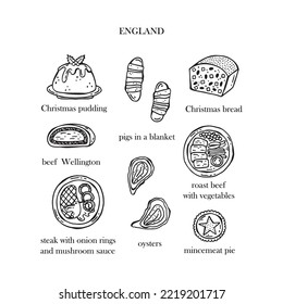 Vector set of illustrations of the Christmas dishes of England. Hand-drawn illustration.