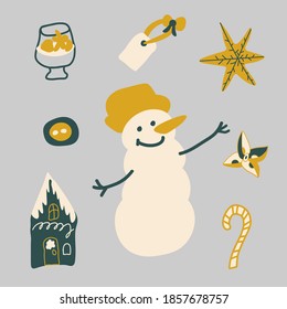 Vektorgrafiken für Weihnachten und Neujahr.Clipkunst mit Schneemann, Stern, Trinken, Haus, Geschenk, Süßigkeiten, Button, Label.Kollektion in Trendfarben 2021:Tidewater grün, Glücksgold, Segellchampagner.