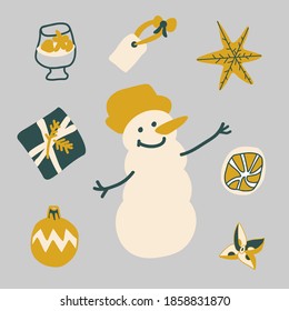 Vektorgrafiken für Weihnachten und Neujahr.Clipkunst mit Schneemann, Stern, Trinken, Baumspielzeug, Geschenk, Badewanne, Label.Kollektion in Trendfarben 2021:tidewater grün, Glück Gold, Segellchampagner.