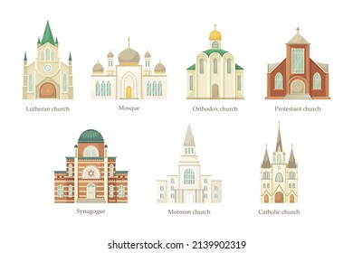 Vector set of illustrations of churches of different religious denominations. Religious architectural building.