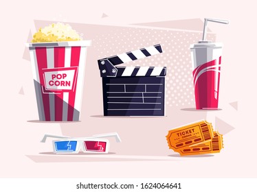 Vector set of illustrations of cinema objects, popcorn, glasses for 3D movies, movie ticket, glass of soda, clapper board