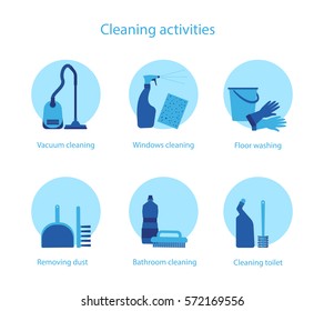 Vector set of illustrations for cleaning service and household activities.