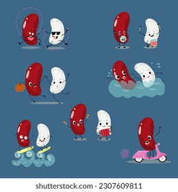 Vector set of illustrations, collection with red and white beans, legumes, funny characters. Funny and healthy food. Vitamins, cute face food, ingredients, vegetarian, vector cartoons.