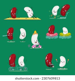 Vector set of illustrations, collection with red and white beans, legumes, funny characters. Funny and healthy food. Vitamins, cute face food, ingredients, vegetarian, vector cartoons.