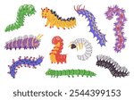 Vector set of illustrations with colorful caterpillars, different shapes and types. Cute funny insects on an isolated background. Characters for children