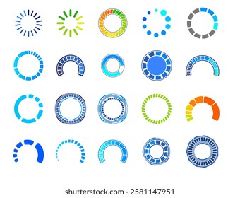 Vector set of illustrations, colorful circular loading icons for user interface. Progress bar icons. Digital speed percentage. User interface. Isolated background.