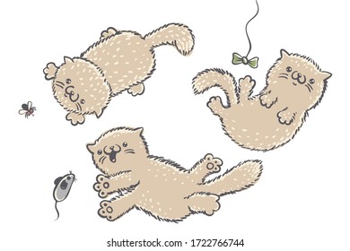 Vector set illustrations of cute cats with toys. Vector cute cat in different poses.