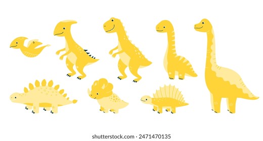 Vector set of illustrations of cute dinosaurs isolated on white background