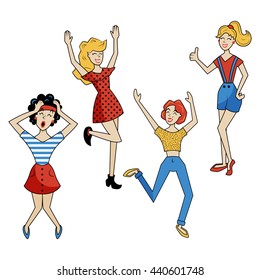 vector set of illustrations,  cute girls drawn in retro comics style, pin-up women showing their excitement 