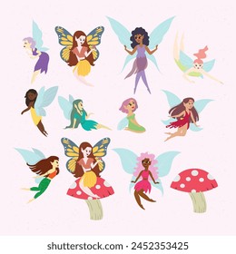 Vector set of illustrations of cute girly fairies. Flying fairies. Different poses, fairies with different dresses, hair. white background. Set of mythological or folkloric winged magical creatures