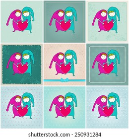 Vector set of illustrations of a cute, hand drawn style couple in love