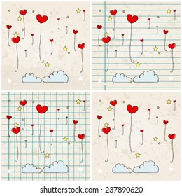 Vector set of illustrations of cute heartshaped balloons flying in the air