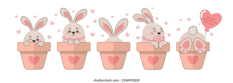 Vector set of illustrations with cute rabbits sitting in flower pots. Cute holiday template for invitations, postcards, children's prints, stickers, flyers, banners, posters