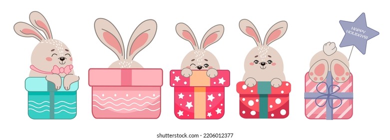 Vector set of illustrations with cute rabbits sitting in gift boxes. Cute holiday template for invitations, postcards, children's prints, stickers, flyers, banners, posters