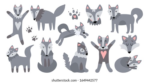 Vector set of illustrations of cute wolves. The good wolf sleeps, jumps, hugs, runs, sits. Suitable for animation, design of children's textiles, printing on children's toys. A colorful collection