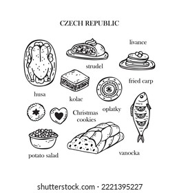 Vector set of illustrations of Czech Christmas dishes. New Year. Traditional Czech food.