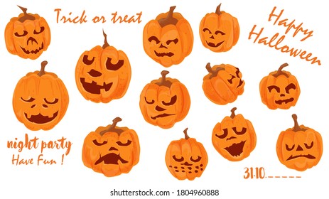 Vector set of illustrations, for decorating the design of all saints eve, Halloween, Pumpkins with emotions, flat style