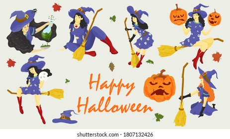 Vector set of illustrations for decoration design, all saints eve, Halloween, witches in different poses, flat style