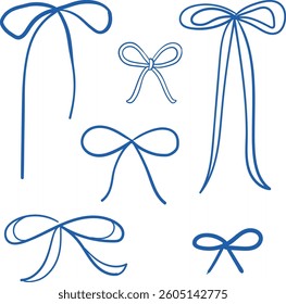 Vector set of illustrations of decorative hand-drawn graphic line art bows in blue color