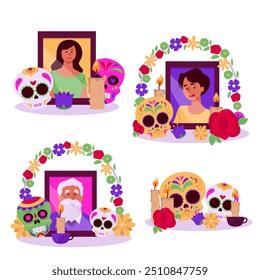 Conjunto vetorial de ilustrações dedicadas ao dia da morte: altares com retratos de mulheres falecidas e um homem idoso cercado por crânios, flores e velas