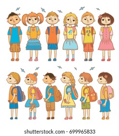 Vector Set Of Illustrations Depicting A Group Of Students Standing In A Row. Suitable For Registration Of Benefits For Teaching Children Of Lower Grades.