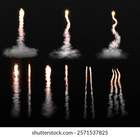 Vector set of illustrations depicting realistic smoke trails from rocket launch. Vertical launch with explosion effect. Jet trails of airplane or shuttle. Design elements.