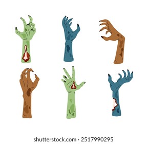 Vector set of illustrations depicting zombie hands sticking out of the ground. Multi-colored rotting limbs create an eerie atmosphere. Ideal for Halloween badges or stickers.