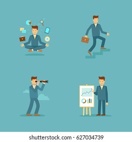 Vector set of illustrations and infographics� design elements - business man character in different situations - meditation and concentration, climbing career steps, looking for opportunities
