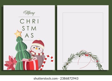 Vector set of illustrations. Design for a greeting card. Merry Christmas, Happy New Year. Penguin, Christmas tree, gifts. New Year's decor.