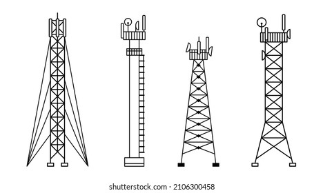 Vector set of illustrations of different constructions of cellular towers. 5G, 4g signal distribution. The Internet. Modern technologies. Outline